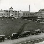 Taché Hall Residence, the Engineering building, and powerhouse at the University of Manitoba. Photo taken in 1930