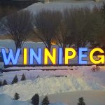 The Winnipeg sign at The Forks lit blue and yellow in support of Ukraine | Photo courtesy of Mayor Brian Bowman