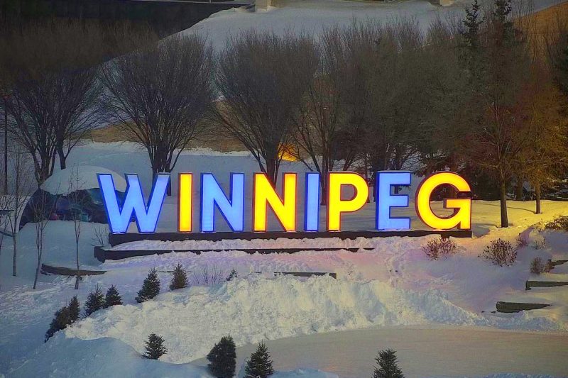 The Winnipeg sign at The Forks lit blue and yellow in support of Ukraine | Photo courtesy of Mayor Brian Bowman