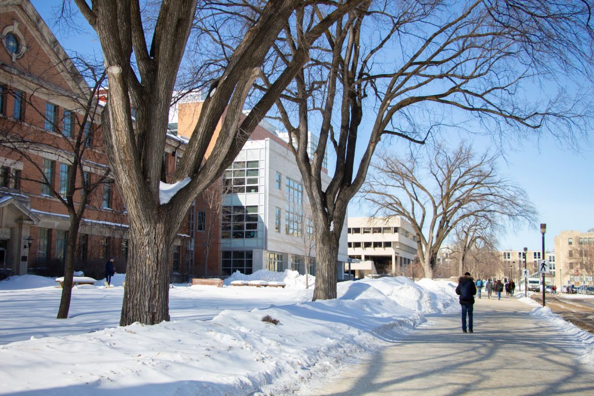 Winter on the Fort Garry Campus, outside the Engineering buildings