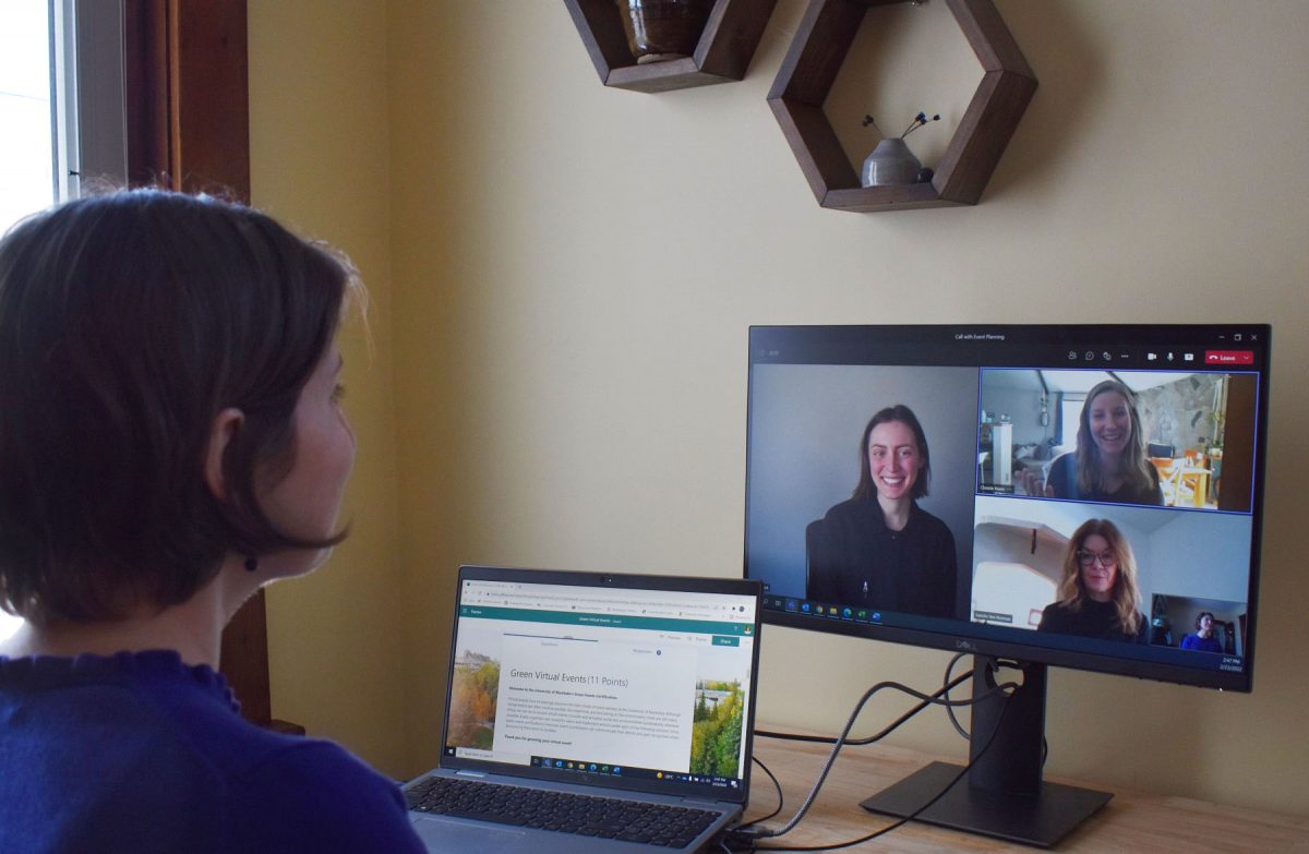 Several staff participate in a virtual event.