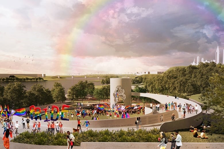 Rainbow overheard of designed garden monument.