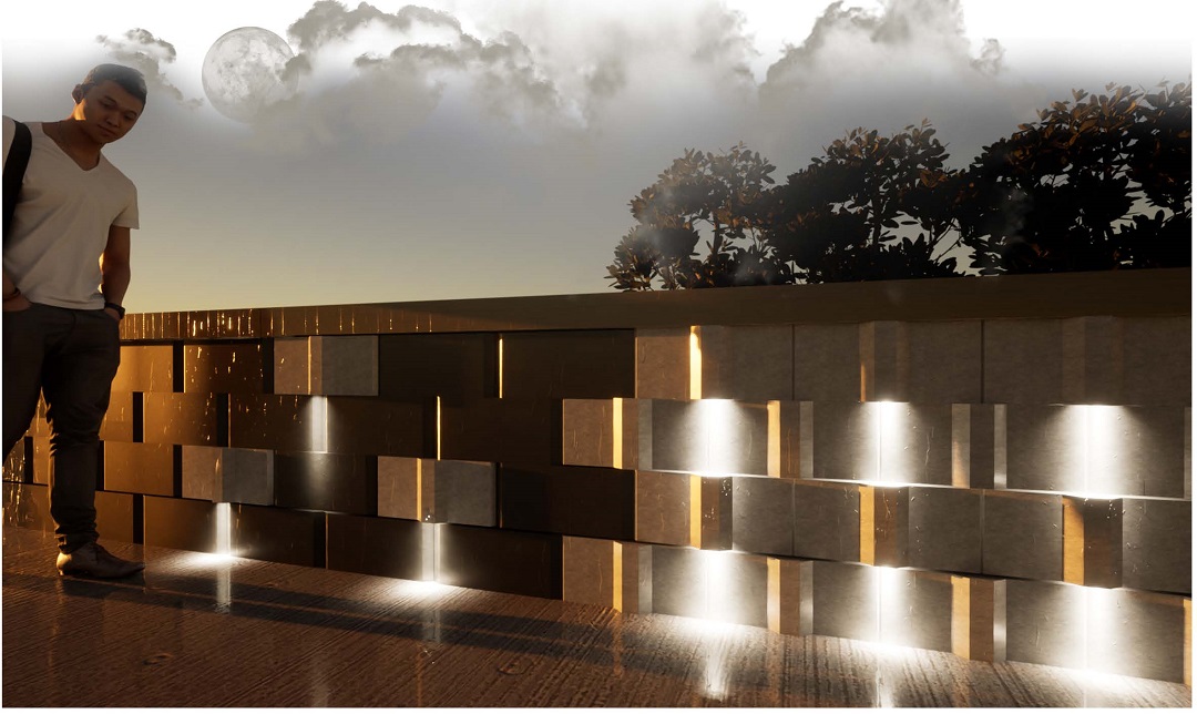 Rendering of light integrated retaining wall system.