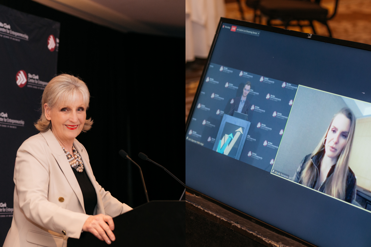 A woman standing in business attire at a podium, and another photo of computer screen with two people talking.