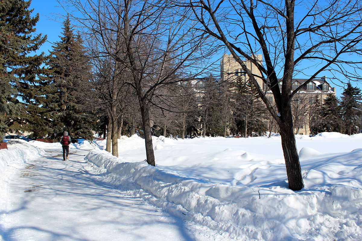 Person walks on the path along the Quad with Tier Building in the background in winter 2022. // Photo from Jack Rach