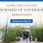 Image showing students walking towards building on Fort Garry campus, with text on image stating: Alumni, elect your next UM Board of Governors representative, voting closes May 13