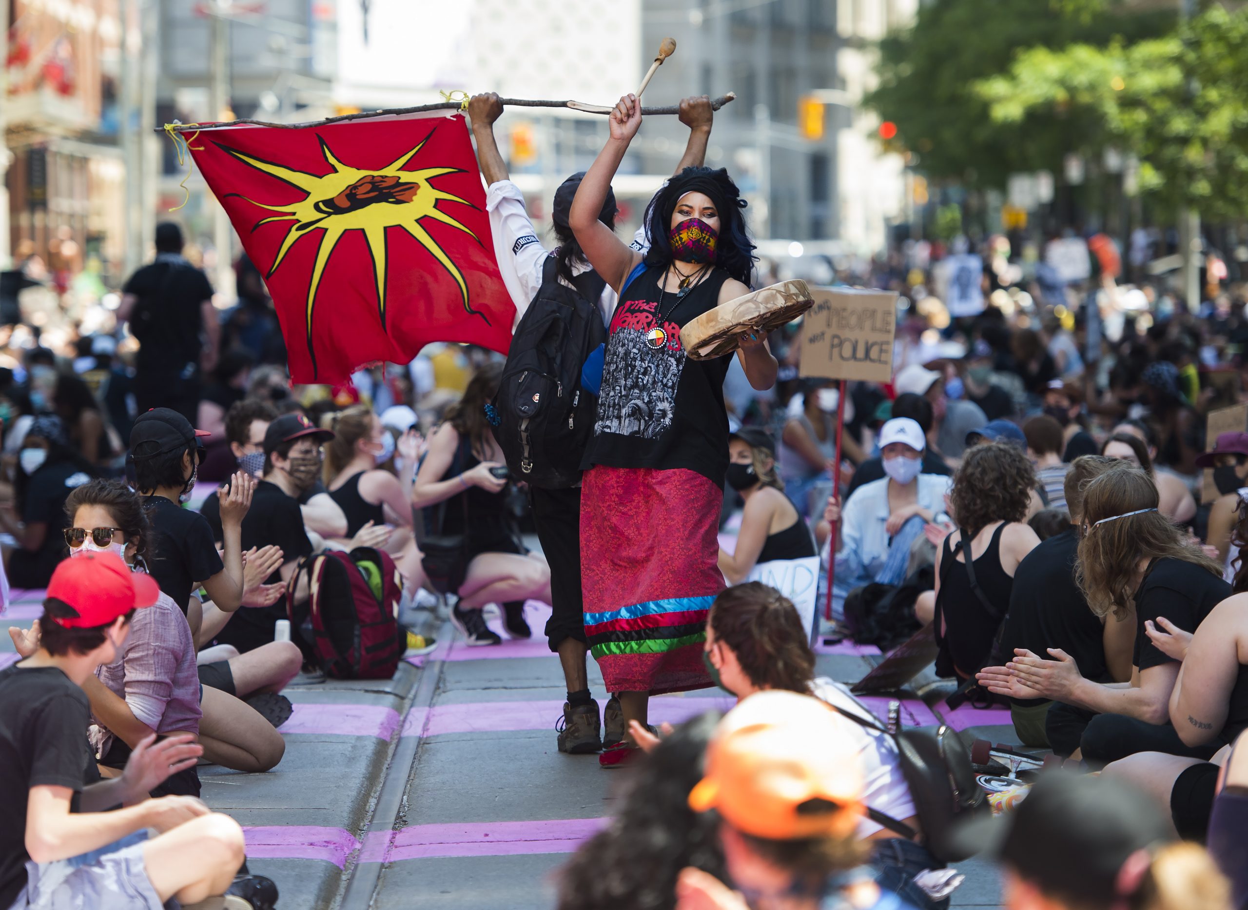 Afro-Indigenous activist Mahlikah Awe:ri along with thousands of people demonstrate during a Black Lives Matter protest in Toronto in 2020. THE CANADIAN PRESS/Nathan Denette