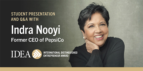 Graphic for May 3 IDEA student event featuring Indra Nooyi