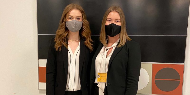 Robson Hall’s 2022 Kawaskimhon moot team: Katie Rothwell (3L) and Keira Hasenack (2L), beaming hugely behind their masks while attending the consensus-based, non-adversarial Indigenous moot in Montreal.
