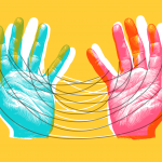 A pop screenprinting-style illustration of two hands entwined with string.