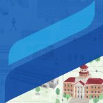 An illustrated design that shows University of Manitoba branding design elements in blue along with an illustrated Administration building shown as part of a new print map