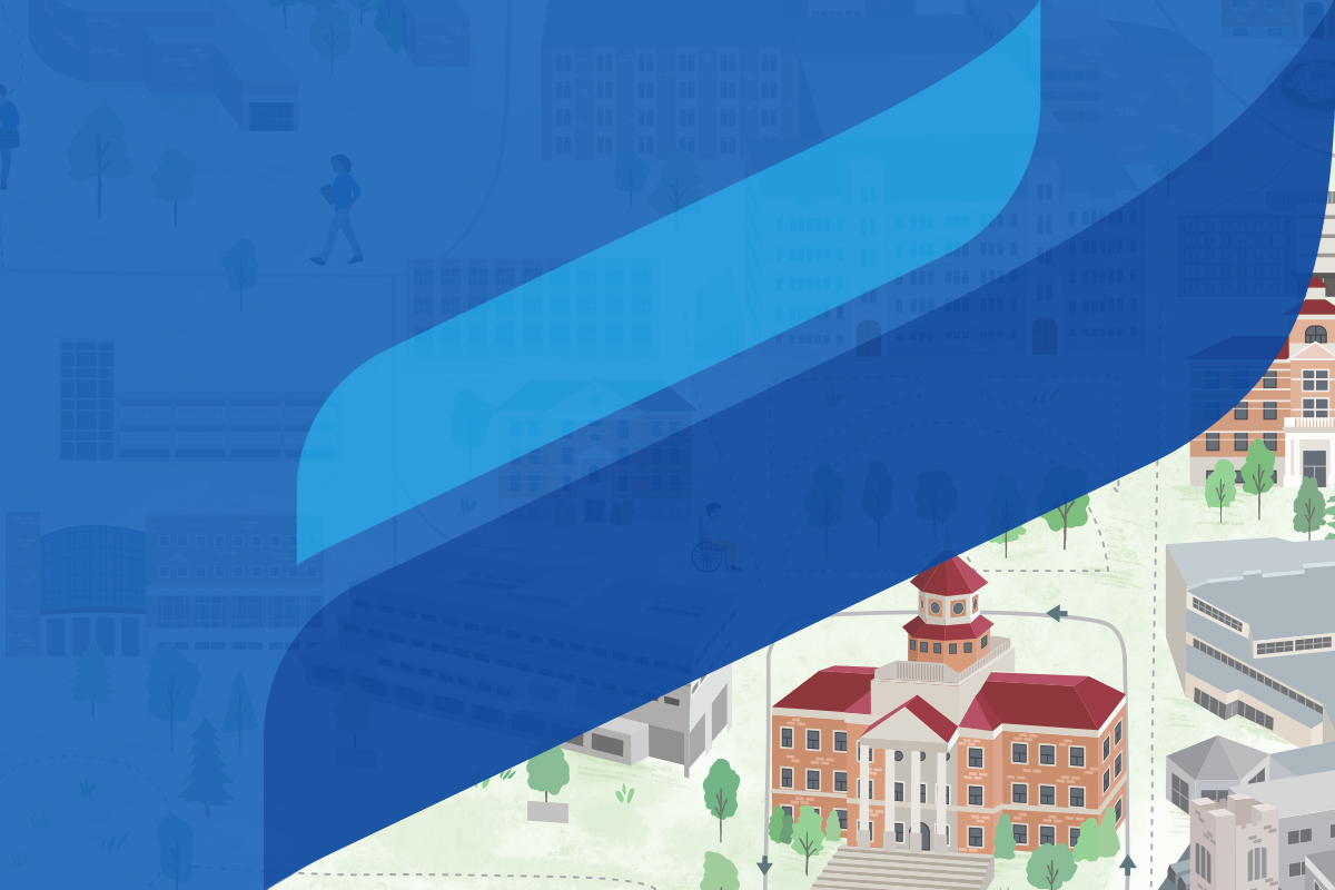 An illustrated design that shows University of Manitoba branding design elements in blue along with an illustrated Administration building shown as part of a new print map