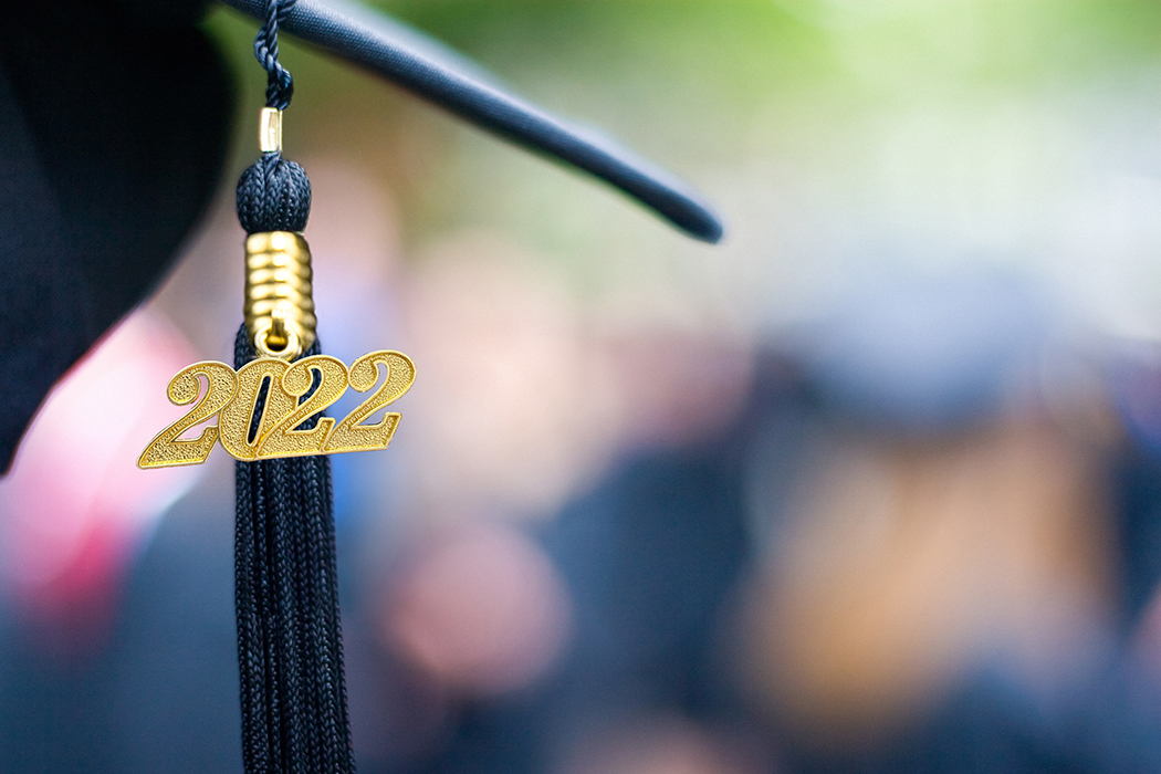 Closeup of a 2022 tassel on a graduation cap.