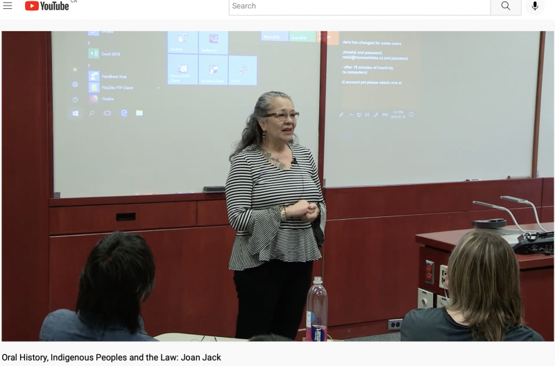 Screen shot of Joan Jack giving the inaugural lecture for Professor Bryan Schwartz's Oral History course