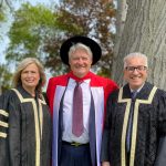 UM Chancellor Anne Mahon and President and Vice-Provost Michael Benarroch were on hand to present Dr. Donald Triggs (centre) with an Honorary Degree.