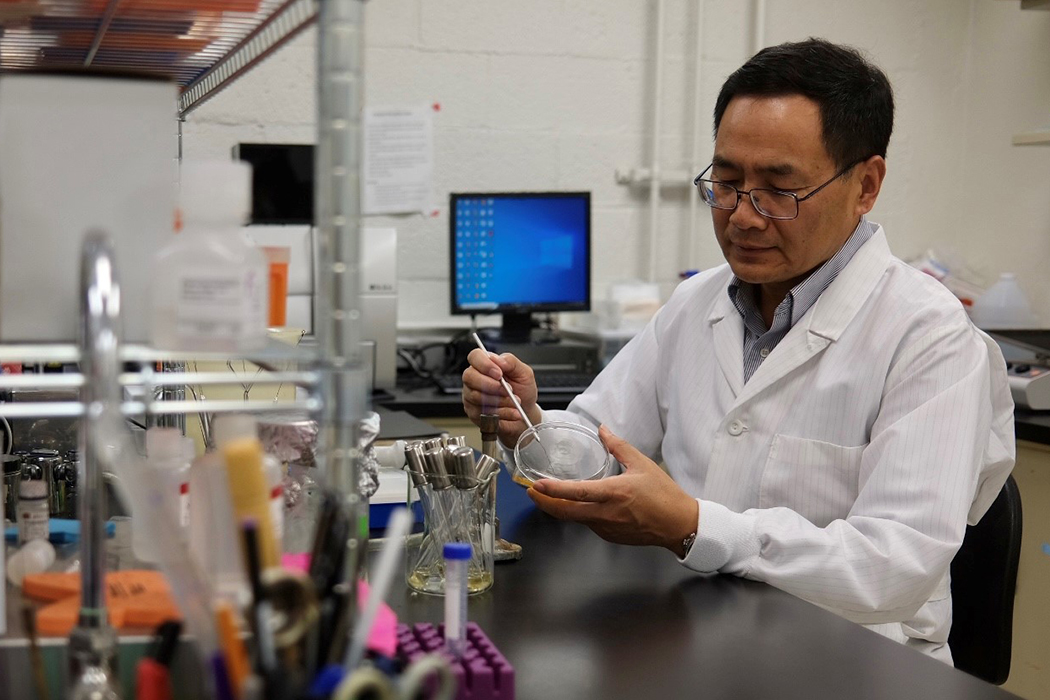 Dr. Kangmin Duan, wearing a white lab coat, sits in his lab. He is holding an instrument and petri dish.