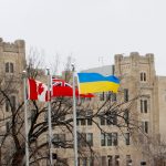 Ukraine's flag is shown on Fort Garry campus in March 2022. // Photo from Catherine-Grace Peters