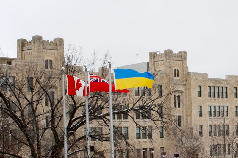 Ukraine's flag is shown on Fort Garry campus in March 2022. // Photo from Catherine-Grace Peters