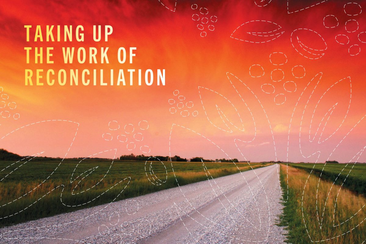 A sunset over a dirt road with swirling floral white embroidery superimposed on it and the words 'Taking up the work of reconciliation.'