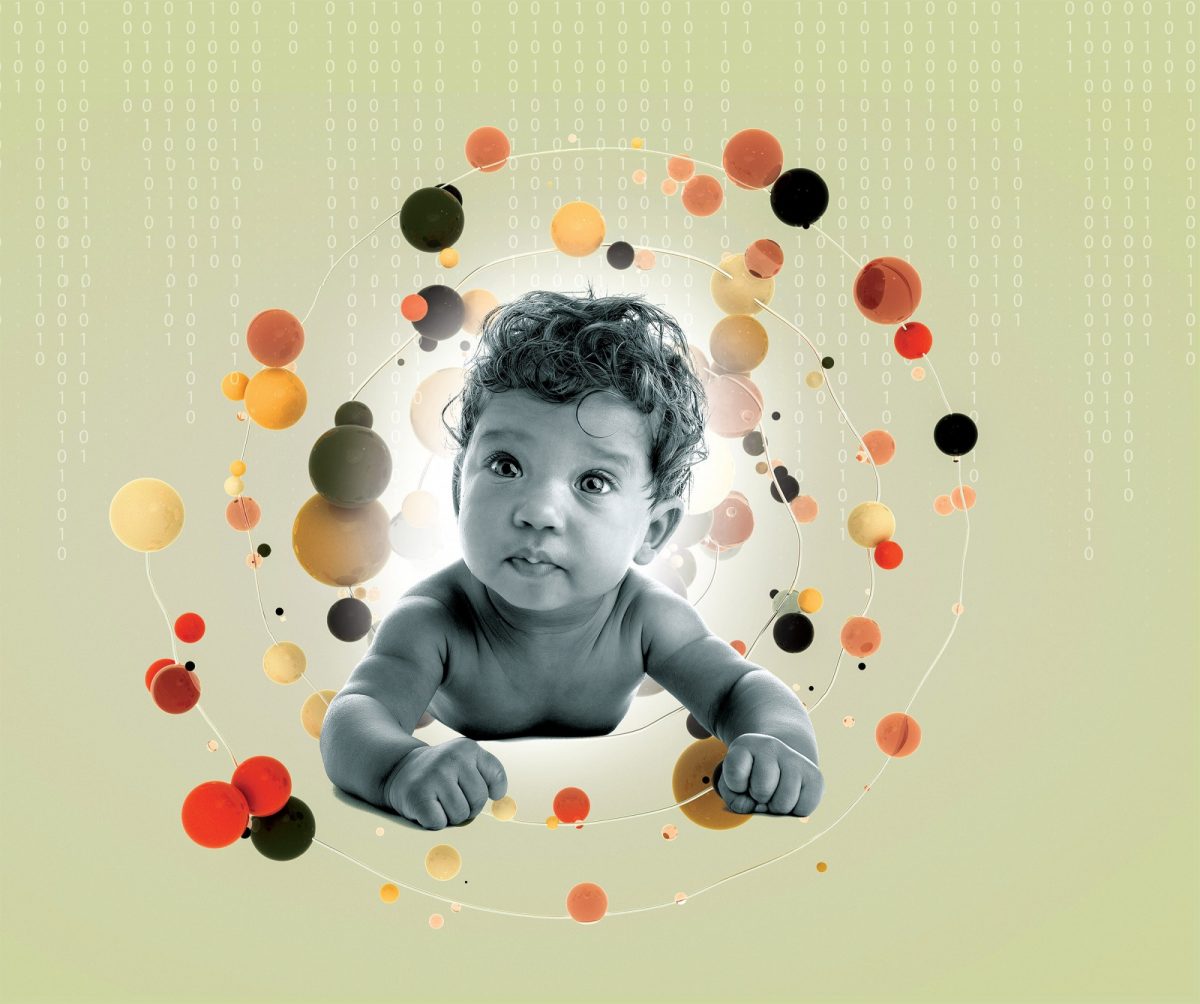 An illustration of an Indian child looking up, surrounded by dots of data points.