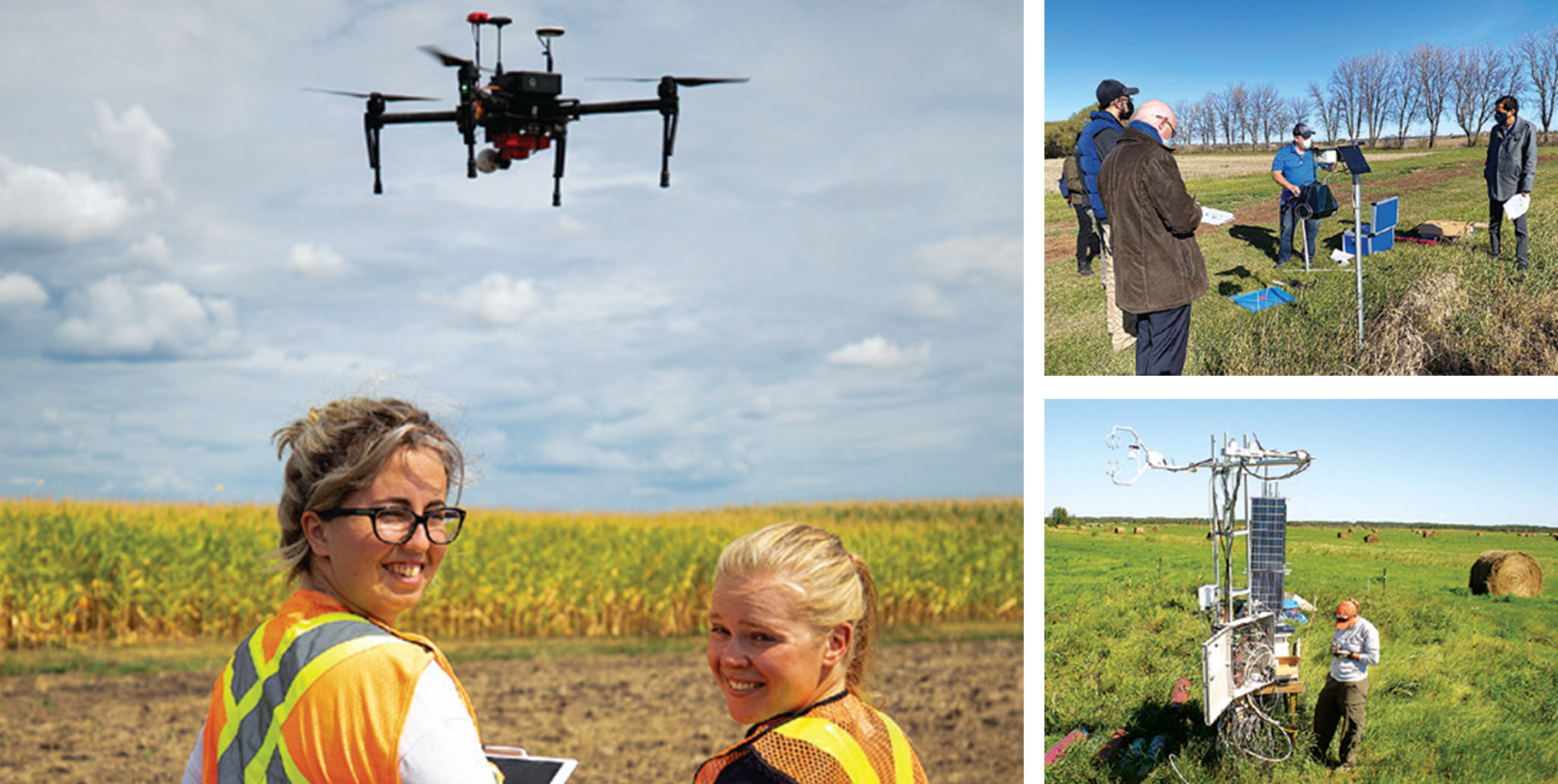 A collage of three photographs of two young women operating a drone in a field, farmers surrounding sensing equipment, and a man next to a large piece of equipment in a meadow.