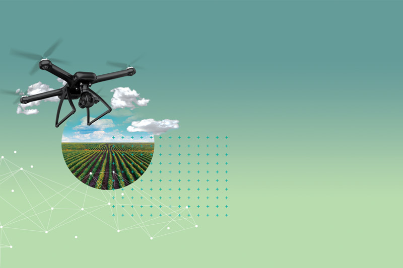 A photo collage of the words 'Transforming Agriculture' atop a drone and a circular image of a field.