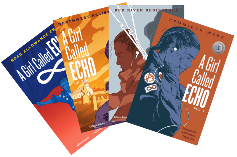 Front covers of graphic novels with a girl with earbuds in her ears.