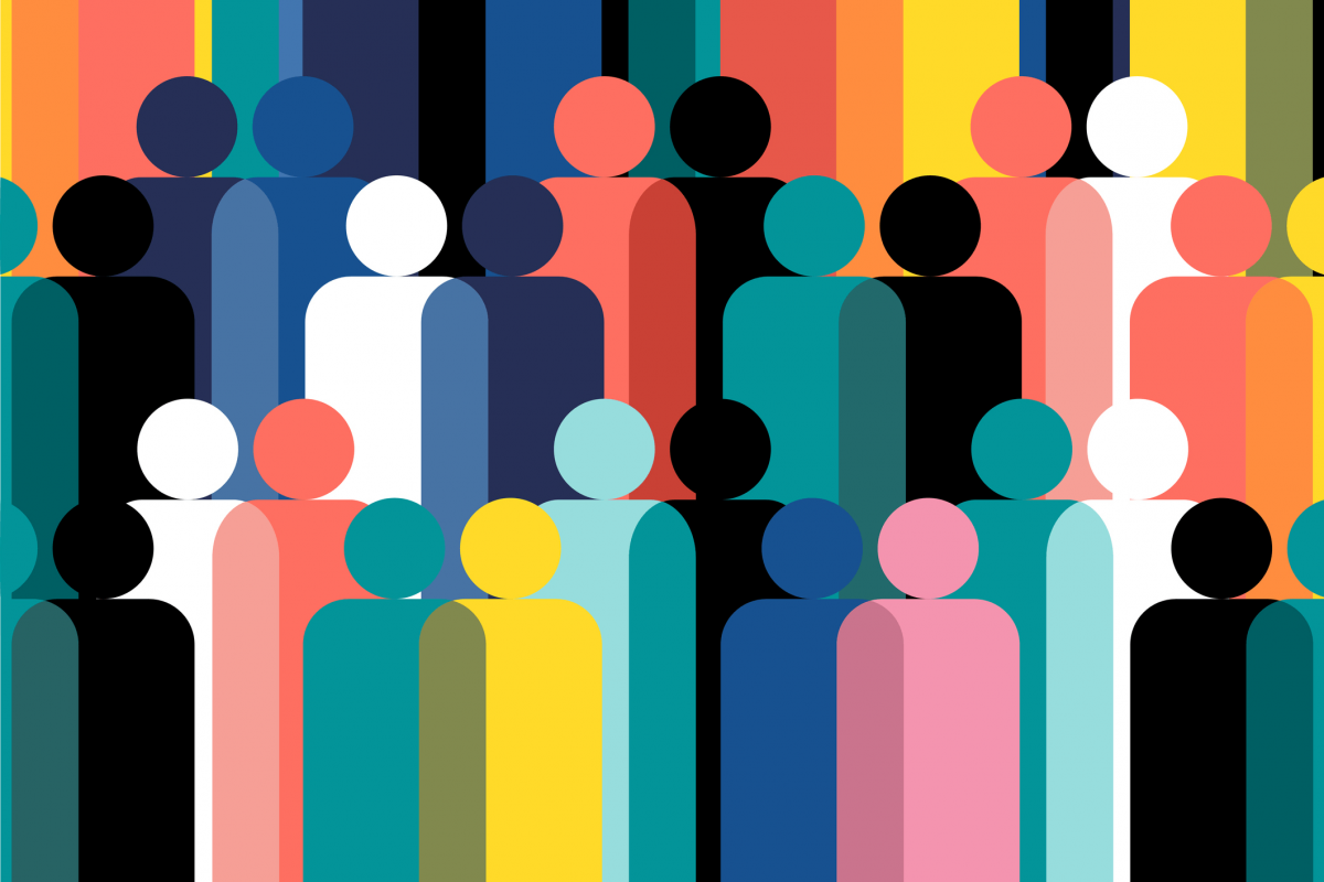 An illustration of simplified people in a variety of colours standing in a crowd.