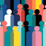 An illustration of simplified people in a variety of colours standing in a crowd.