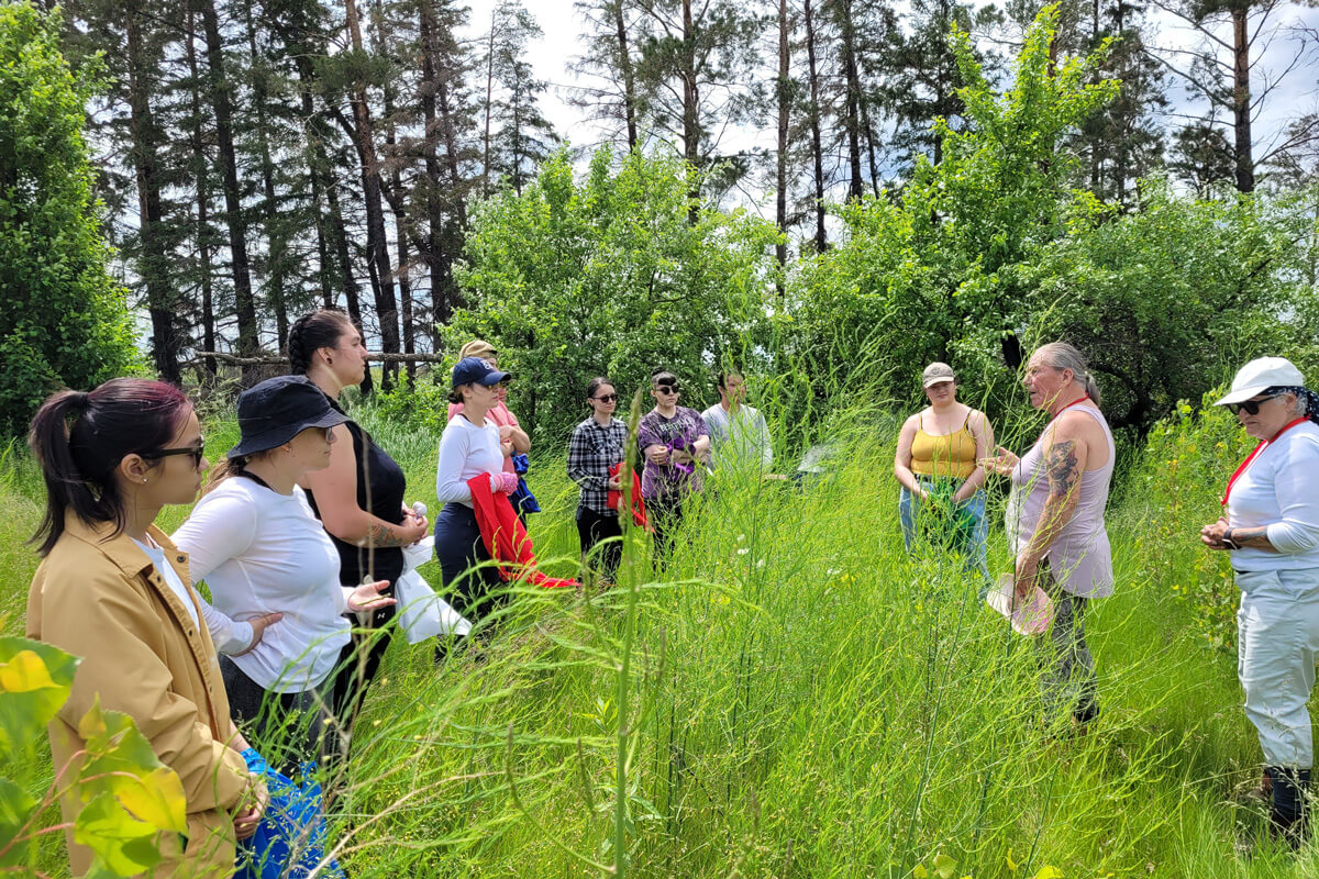 Sharing teachings on the land with Elders Charlotte Nolin and Barbara Bruce (Two-Spirit Sundance Grounds)