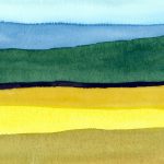 A watercolour painting of horizontal lines that suggest a prairie landscape with a far-off horizon.