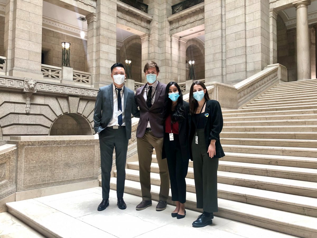 Students from the Max Rady College of Medicine gathered in the Legislative Building