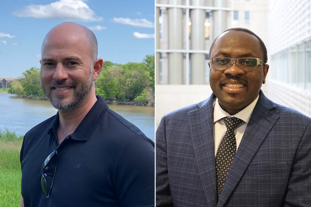 A 50/50 split image of Dr. Shawn Clark (left) and Dr. Lanre Ojo (right). Both and standing while smiling and posing for the camera.