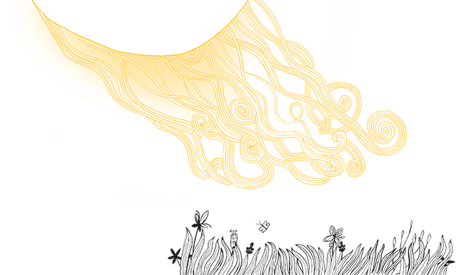 An abstract illustration of a prairie underneath the sun.