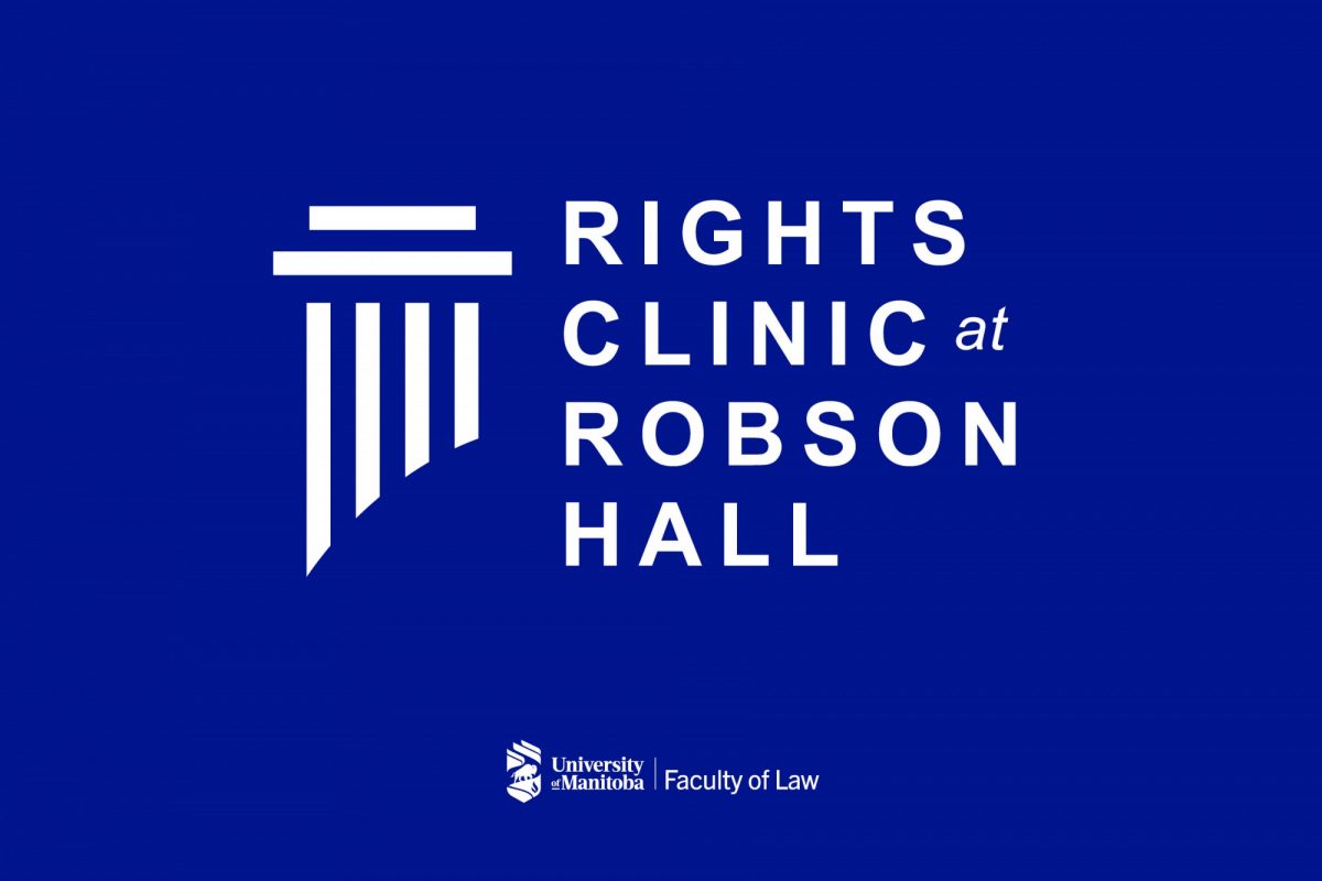 Rights Clinic logo white type on dark blue background that says Rights Clinic at Robson Hall University of Manitoba Faculty of Law