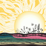 An abstract illustration of a sun setting over a prairie field. Beneath the soil, tiny dots move around.