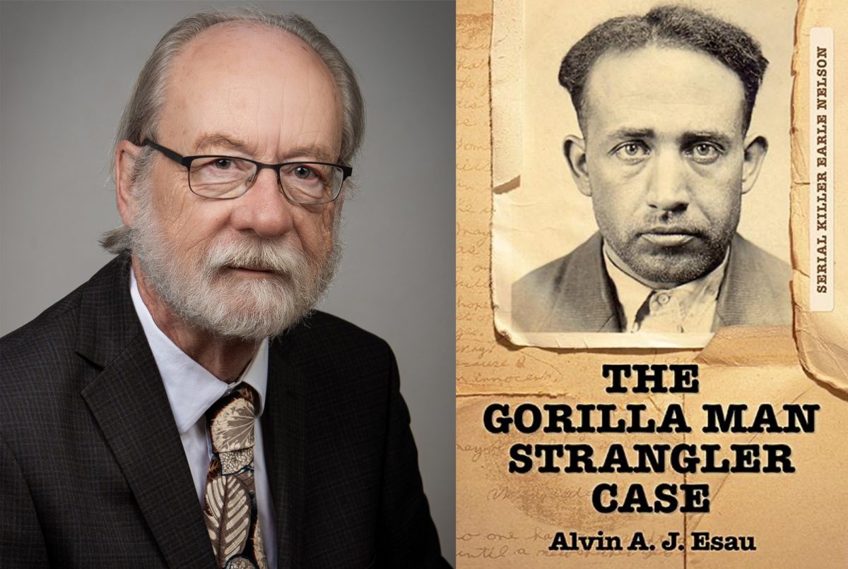 Portrait of retired law professor Alvin Esau and his book cover for The Gorilla Man Strangler Case published by Friesens.