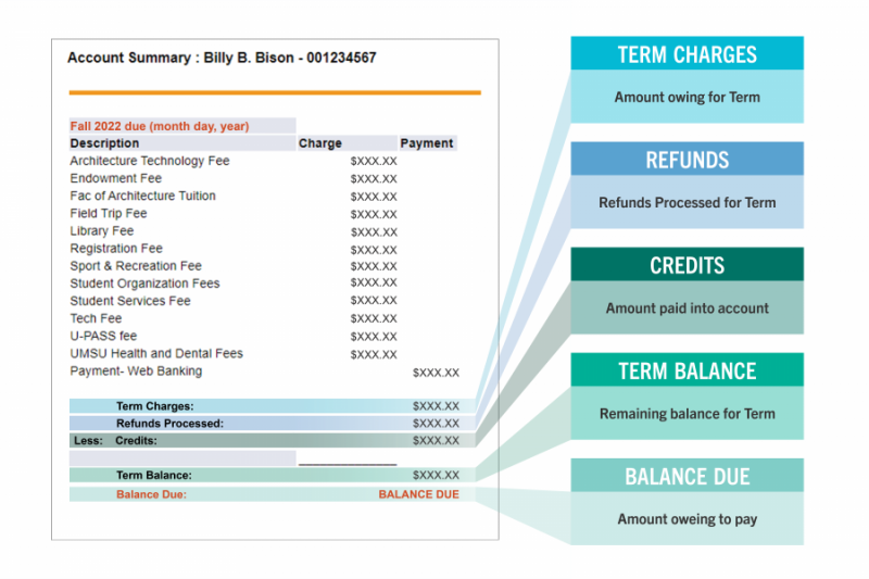 A graphic breaking down the fees and terms on an account summary.