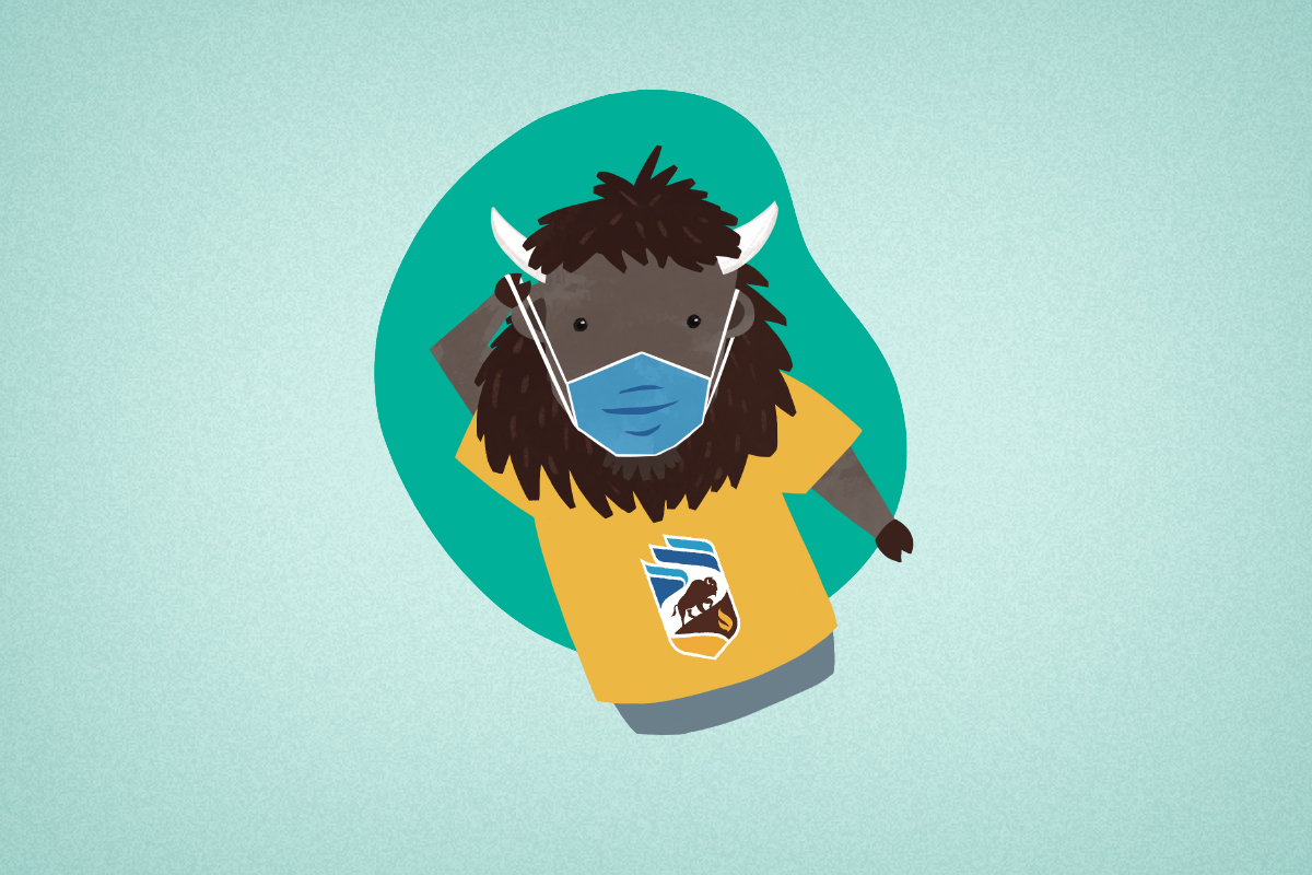 An illustration of Billy the Bison wearing a face mask.