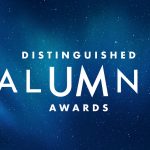 Blue graphic with text stating: Distinguished Alumni Awards