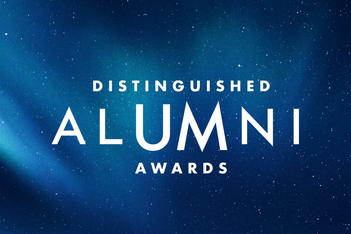 Blue graphic with text stating: Distinguished Alumni Awards