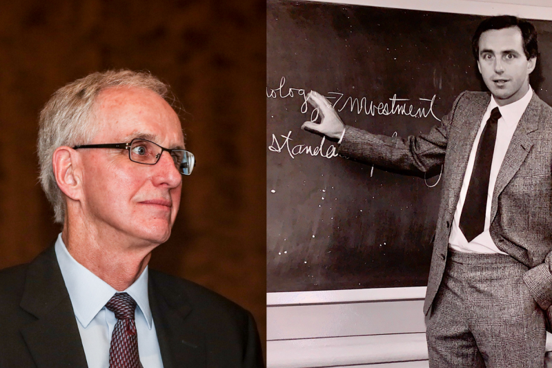 Side by side photos, one current and one older, of professor emeritus John McCallum