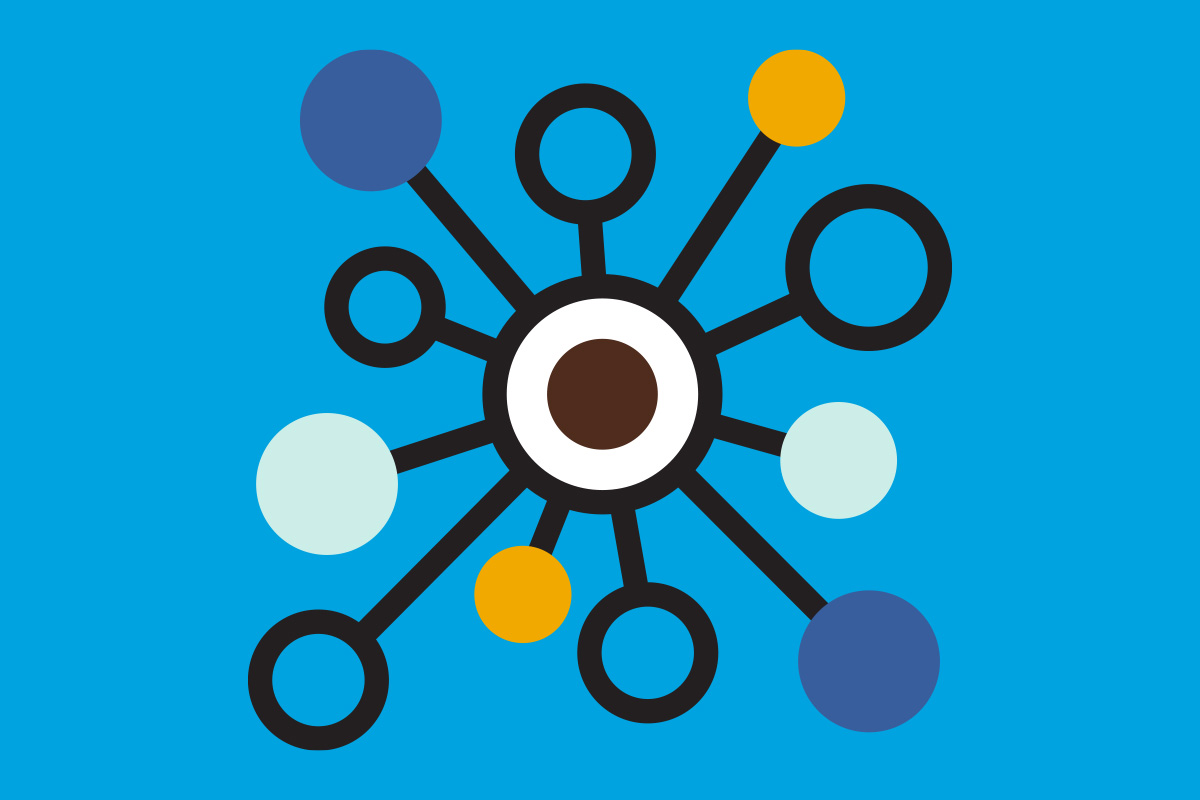 Illustration of blue and yellow graphic with circles and lines pointing into a centre circle