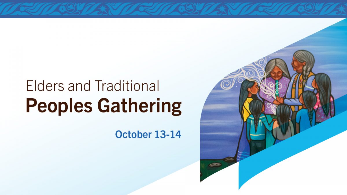 Elders Gathering graphic with painting of Elders with children.