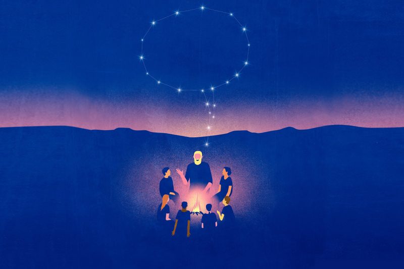 An illustration in which a man speaks to a group around a fire pit. His voice is represented as a voice bubble made of stars in the sky.