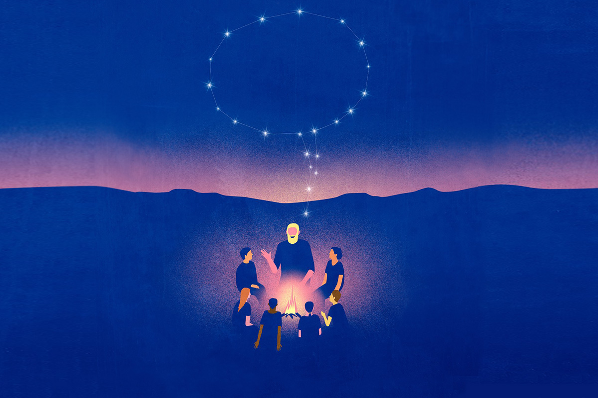 An illustration in which a man speaks to a group around a fire pit. His voice is represented as a voice bubble made of stars in the sky.