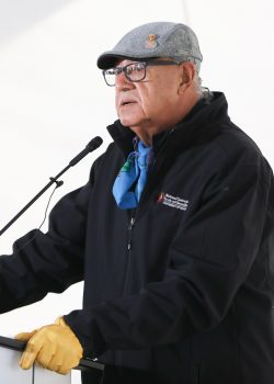 Survivor Eugene Arcand speaking at the funding announcement on Nov. 9, 2022