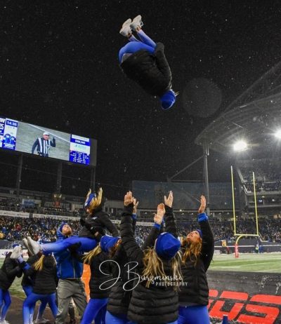 Members of the Blue Bombers Cheer and Dance Team perform the potentially dangerous "back tuck basket" move during a game. Photo credit: j.burzphotography