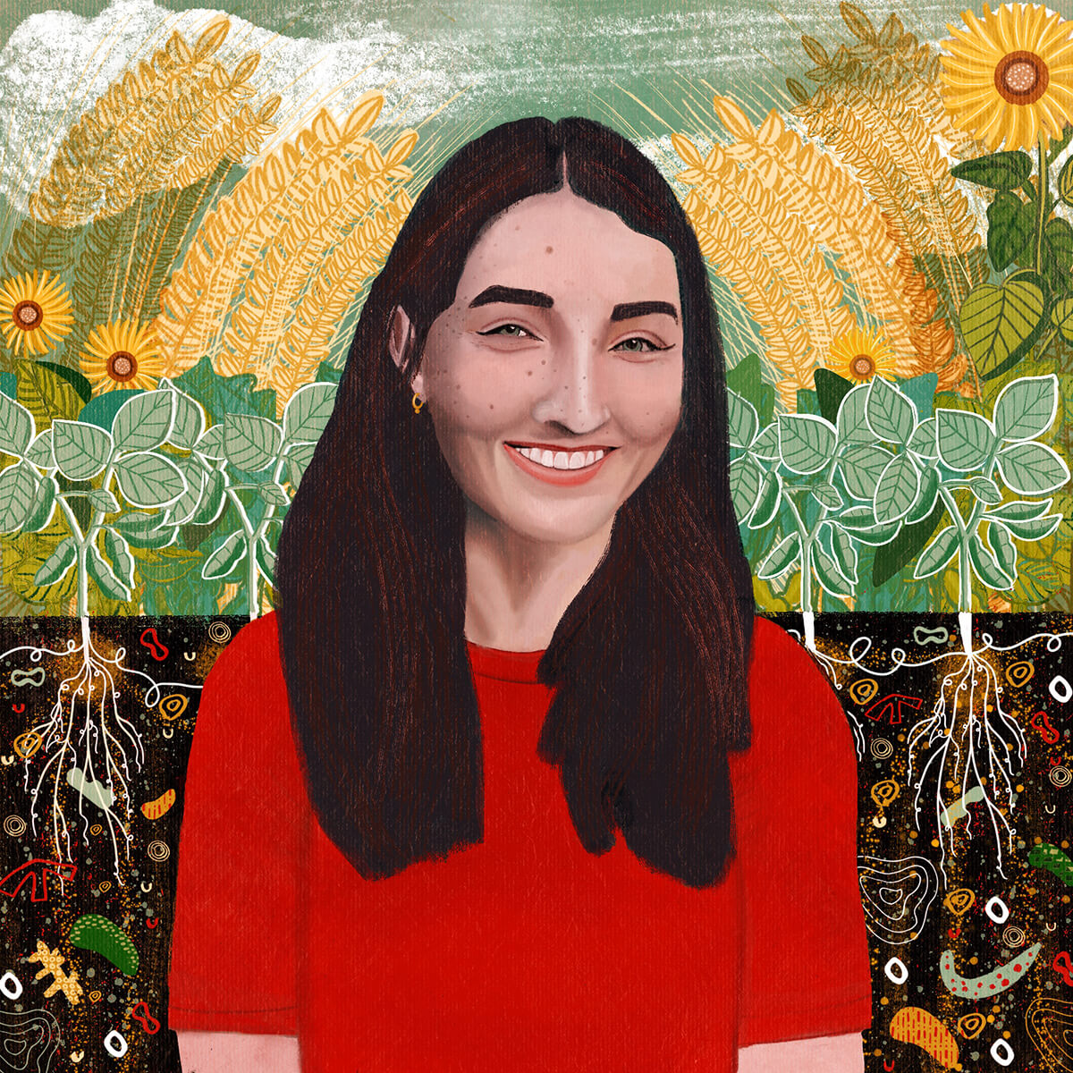 An illustration of Shannon Mustard surrounded by plants and soil.
