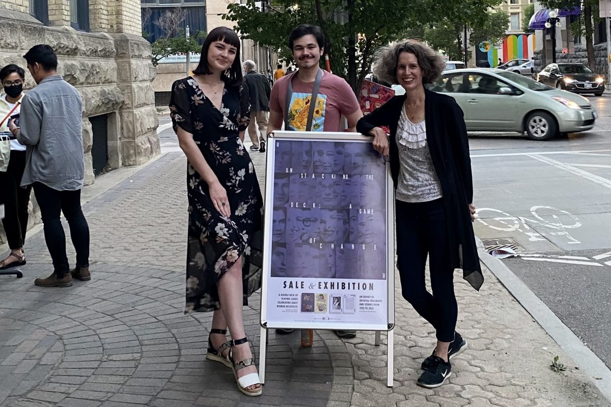 Alina Bilonozhko and Cole Marotta with Prof. Lisa Landrum outside the Winnipeg Architecture Foundation, Sept. 2, 2022. Photo: Denis (Libao) Wang.